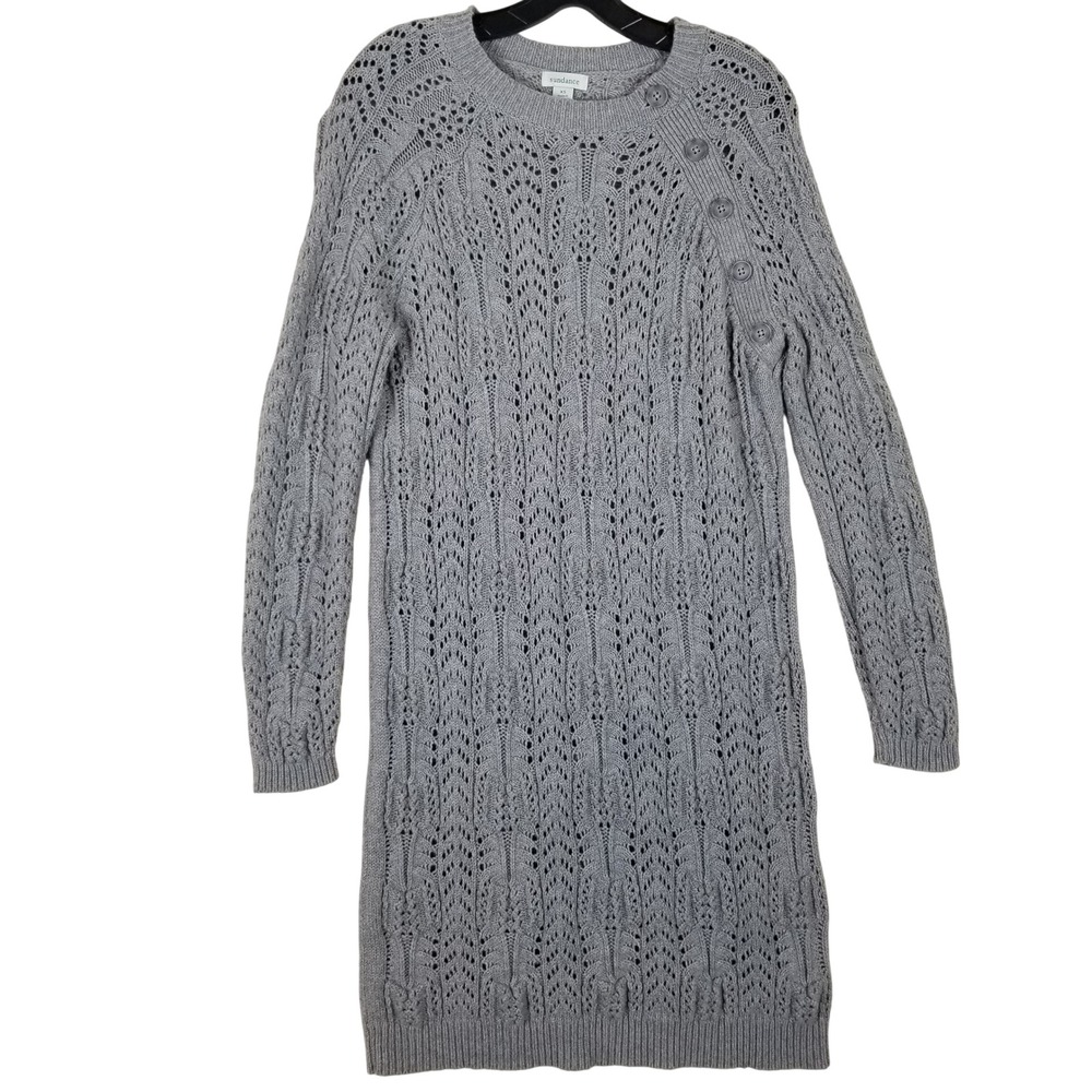 Sundance Gray Wool‎ Blend Pointelle Cable Knit Button Shoulder Sweater Dress XS